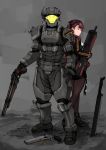  1boy 1girl character_request commentary_request girls_frontline gun halo_(game) handgun highres holding holding_weapon katagiri_ags looking_at_viewer looking_back power_armor revolver shotgun shotgun_speed_loader sword thigh-highs wa2000_(girls_frontline) weapon 