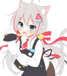  1girl :d ahoge animal_ear_fluff animal_ears apron bangs black_apron blue_eyes blush bow brown_pants cat_ears cat_girl cat_tail collared_shirt commentary_request eyebrows_visible_through_hair fang grey_hair hair_between_eyes hair_bow hair_ornament hairclip hands_up korean_commentary long_hair long_sleeves looking_at_viewer mauve multicolored_hair open_mouth original pants red_bow red_neckwear redhead shirt simple_background sleeves_past_fingers sleeves_past_wrists smile solo star star_hair_ornament streaked_hair striped striped_bow tail very_long_hair white_background white_shirt 
