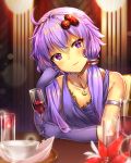  1girl ahoge alternate_costume bare_shoulders bug_(artist) crescent_necklace cup dress drinking_glass hair_ornament holding holding_cup long_hair looking_at_viewer purple_dress purple_hair red_wine smile solo twintails violet_eyes voiceroid wine_glass yuzuki_yukari 