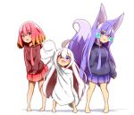  3girls :d absurdres ahoge akaneko_(idaten93) animal_ear_fluff animal_ears arm_up bangs barefoot blue_eyes blue_hoodie blush breasts brown_hoodie commentary_request drawstring eyebrows_visible_through_hair fang fox_ears fox_girl fox_tail gradient_hair hair_between_eyes hair_ornament heterochromia highres hood hood_down hoodie idaten93 long_sleeves multicolored_hair multiple_girls open_mouth orange_hair original oversized_clothes oversized_shirt pleated_skirt purple_hair purple_skirt red_eyes red_skirt redhead ruua_(idaten93) shadow shirt sidelocks skirt sleeves_past_fingers sleeves_past_wrists small_breasts smile standing tail tail_raised till_(idaten93) violet_eyes white_background white_shirt x_hair_ornament 