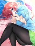  bangs bed bed_sheet black_legwear blue_cardigan blue_eyes blush breasts brown_hair cardigan commentary_request go-toubun_no_hanayome green_skirt hair_between_eyes headphones headphones_around_neck heart highres large_breasts long_hair long_sleeves looking_at_viewer lying nakano_miku on_side open_mouth outstretched_hand pantyhose pillow pleated_skirt shirt skirt tenti0619 