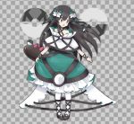  1girl alternate_costume aqua_bow aqua_dress bangs bare_shoulders black_footwear black_hair bow braid checkered checkered_background commentary dress full_body gen_7_pokemon grey_background grey_eyes hair_between_eyes hair_bow hair_ornament happy high_heels jpeg_artifacts long_hair namako_plum net_ball official_style open_mouth pantyhose pigeon-toed pink_eyes plum_(plum_no_bouken_note) plum_no_bouken_note poke_ball poke_ball_symbol pokemon pokemon_(creature) pyukumuku shoes simple_background smile solo_focus standing tied_hair twin_braids two-tone_background virtual_youtuber white_legwear 