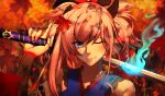  1girl 2019 ;) arm_up autumn_leaves bangs bare_shoulders blue_eyes blue_fire blue_kimono blurry blurry_background blurry_foreground blush closed_mouth collarbone commentary_request day depth_of_field eyebrows_visible_through_hair fate/grand_order fate_(series) fingernails fire hair_between_eyes hair_ornament holding holding_sword holding_weapon japanese_clothes katana kimono kosumi leaf long_hair maple_leaf miyamoto_musashi_(fate/grand_order) one_eye_closed outdoors over_shoulder pink_hair ponytail signature sleeveless sleeveless_kimono smile solo sword sword_over_shoulder tree upper_body weapon weapon_over_shoulder 