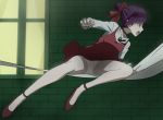  1girl bangs blunt_bangs choker collarbone dress full_body gegege_no_kitarou hair_bun hair_ribbon haruyama_kazunori legs long_sleeves nekomusume nekomusume_(gegege_no_kitarou_6) open_mouth panties purple_hair red_choker red_dress red_footwear red_ribbon ribbon shirt short_hair solo teeth underwear white_panties white_shirt window yellow_eyes 