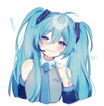  1girl aqua_eyes aqua_hair blush commentary detached_sleeves hair_between_eyes half-closed_eyes hatsune_miku head_tilt headset heart looking_at_viewer microphone necktie rinndouk sleeveless smile solo tattoo tearing_up translated twintails vocaloid wavy_mouth white_background 