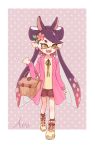  +_+ 1girl animal_ears aori_(splatoon) black_hair black_legwear black_neckwear black_shorts brown_eyes carrying casual character_name coat cross-laced_footwear cursive domino_mask earrings fangs flower flower_earrings food food_on_head gradient_hair hair_flower hair_ornament highres hinana37 jewelry kemonomimi_mode long_hair long_sleeves mask mole mole_under_eye multicolored_hair neck_ribbon object_on_head open_clothes open_coat open_mouth outside_border picnic_basket pink_coat pointy_ears polka_dot polka_dot_background purple_background purple_hair rabbit_ears ribbon shirt shoes shorts smile sneakers socks solo splatoon_(series) splatoon_1 standing tentacle_hair very_long_hair walking yellow_footwear yellow_shirt 