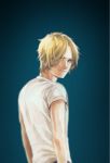  1boy arms_at_sides ash_lynx banana_fish blue_background buffalonayako commentary_request highres looking_at_viewer looking_back male_focus shirt simple_background solo standing t-shirt white_shirt 