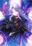  1girl black_cape black_gloves blue_eyes cape caster choker dress eyebrows_visible_through_hair fate/stay_night fate_(series) floating_hair gloves head_tilt highres kobayashi_yoshitaka long_hair long_sleeves looking_at_viewer pointy_ears purple_dress silver_hair smile solo upper_body very_long_hair 