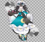  1girl alternate_costume bangs black_hair bow braid checkered checkered_background commentary constellation crescent dress flat_chest full_body gen_7_pokemon grey_background grey_eyes hair_between_eyes hair_bow hair_ornament hat high_heels highres jpeg_artifacts long_hair long_sleeves looking_at_viewer mob_cap moon_ball multicolored multicolored_clothes multicolored_dress multicolored_footwear namako_plum official_style open_mouth pantyhose pigeon-toed pink_eyes plum_(plum_no_bouken_note) plum_no_bouken_note poke_ball poke_ball_symbol pokemon pokemon_(creature) pyukumuku shoes simple_background sleeves_past_wrists solo_focus standing tied_hair twin_braids two-tone_background virtual_youtuber white_headwear white_legwear wide_sleeves 