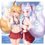  2girls adapted_costume animal_ear_fluff animal_ears arm_up bikini bikini_top black_bikini black_bikini_top blush breasts brown_eyes brown_hair camisole clouds cocoasabure commentary_request eyebrows facial_mark fang forehead fox_ears fox_shadow_puppet fox_tail groin hakama_skirt hand_on_hip has_bad_revision highres long_hair miniskirt multiple_girls navel ocean open_mouth outdoors ponytail red_eyes red_sarong red_skirt sarong scrunchie see-through senko_(sewayaki_kitsune_no_senko-san) sewayaki_kitsune_no_senko-san shiro_(sewayaki_kitsune_no_senko-san) short_hair sideboob silver_hair skirt sky small_breasts smile swimsuit tail wrist_scrunchie 