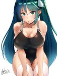  1girl absurdres alternate_costume aqua_eyes aqua_hair blue_hair blush breasts commentary_request competition_swimsuit eureka_(eureka-0075) eyebrows_visible_through_hair gradient_hair hair_between_eyes hair_ribbon highres isuzu_(kantai_collection) kantai_collection large_breasts long_hair looking_at_viewer multicolored_hair one-piece_swimsuit open_mouth ribbon simple_background solo swimsuit thigh-highs twintails white_background white_legwear 