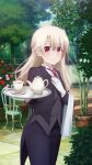  1girl absurdres black_jacket black_pants butler cowboy_shot cup eyebrows_visible_through_hair fate/kaleid_liner_prisma_illya fate_(series) female_butler flower gloves hair_between_eyes highres holding holding_plate illyasviel_von_einzbern jacket long_hair looking_at_viewer necktie official_art open_clothes open_jacket orange_flower orange_rose pants pink_flower pink_rose plate red_eyes red_flower red_neckwear red_rose rose shiny shiny_hair silver_hair smile solo standing teacup teapot white_gloves 