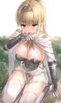  1girl arm_support armor bangs blonde_hair blurry blurry_background blush boobplate breastplate breasts bustier cape day depth_of_field elf eyebrows_visible_through_hair gloves greaves green_eyes hair_between_eyes hair_intakes hair_ornament hairband hand_to_own_mouth high_ponytail highres kfr large_breasts long_hair long_ponytail looking_at_viewer miniskirt on_ground open_mouth original outdoors plant pleated_skirt pointy_ears ponytail raised_eyebrows saliva shadow sideboob sidelocks sitting skindentation skirt solo straight_hair tears thigh-highs thighs upper_teeth vambraces wariza white_cape white_gloves white_legwear white_skirt zettai_ryouiki 