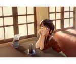  1girl apron brown_eyes brown_hair cafe drink drinking_straw dripping elbows_on_table indoors jnr.btts mouth_hold ninomiya_emi plaid rough_(manga) salt_shaker short_hair sitting solo table window 