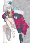  1girl anastasia_(fate/grand_order) bangs barefoot black_legwear blue_eyes blue_sweater brown_hair commentary_request crown eyebrows_visible_through_hair fate/grand_order fate_(series) fingernails fur-trimmed_jacket fur_hat fur_trim grey_hair hair_between_eyes hat jacket knee_up long_hair long_sleeves looking_at_viewer looking_to_the_side mini_crown niu_illuminator off_shoulder open_clothes open_jacket parted_lips pleated_skirt red_jacket sitting skirt sleeves_past_wrists solo sweater thigh-highs thighhighs_removed very_long_hair white_background white_headwear white_skirt 