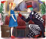  1boy 1girl ahoge arm_behind_back asymmetrical_clothes asymmetrical_pants balloon black_choker blonde_hair blue_dress bow briefcase chair checkered_pants choker closed_mouth clown commentary diamond_(symbol) dress facial_mark flower full_body gift gloves green_hair green_lips hair_bow hat highres holding holding_flower isshiki_(ffmania7) joe_rikiichi kneeling long_coat long_hair long_sleeves looking_at_another makeup nijisanji painting pants plant red_bow red_footwear red_gloves rindou_mikoto_(cameo) smile standing striped striped_pants stuffed_animal stuffed_toy symbol_commentary takamiya_rion top_hat twintails virtual_youtuber younger 