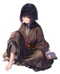  1boy bangs barefoot black_hair book brown_eyes brown_kimono closed_mouth commentary_request expressionless full_body highres japanese_clothes kimono kuro_the_divine_heir looking_at_viewer male_focus ribbon sekiro:_shadows_die_twice shirabi short_hair simple_background sitting solo white_background 
