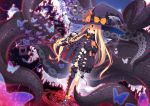  1girl abigail_williams_(fate/grand_order) bangs black_bow black_dress black_footwear black_headwear black_legwear black_panties bow commentary_request covered_mouth disintegration dress fate/grand_order fate_(series) groin hat hat_bow heart highres key keyhole long_hair long_sleeves looking_at_viewer multiple_bows multiple_hat_bows object_hug orange_bow panties parted_bangs red_eyes revealing_clothes shoes single_thighhigh sleeves_past_fingers sleeves_past_wrists solo standing stuffed_animal stuffed_toy suction_cups teddy_bear tentacles thigh-highs topless underwear very_long_hair witch_hat yuzu_modoki 