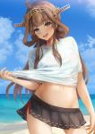  1girl :d ahoge bangs beach bikini bikini_skirt bikini_under_clothes blue_sky blush breasts brown_hair clouds commentary_request contrapposto cowboy_shot day double_bun groin hairband head_tilt headgear kantai_collection kongou_(kantai_collection) konkito long_hair looking_at_viewer miniskirt navel ocean open_mouth outdoors pleated_skirt red_bikini remodel_(kantai_collection) sand shirt shirt_tug side-tie_bikini sidelocks skirt sky smile solo stomach swimsuit white_shirt 