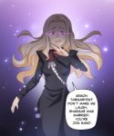  1girl black_dress blonde_hair braid daenerys_targaryen dress english_text evil_smile french_braid game_of_thrones glowing highres hinghoi long_hair ojou-sama_pose purple_background smile speech_bubble violet_eyes yandere 