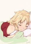  1girl alternate_hairstyle bangs bare_shoulders blanket blonde_hair closed_eyes commentary darahan eyebrows_visible_through_hair fang fate/apocrypha fate/grand_order fate_(series) lying messy_hair mordred_(fate) mordred_(fate)_(all) on_stomach pillow red_shirt shirt simple_background skin_fang sleeping solo white_background 