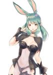  1girl animal_ears black_capelet black_choker black_panties blush boobplate breastplate breasts capelet choker closed_mouth commentary_request final_fantasy final_fantasy_xiv fingernails flower green_eyes green_hair groin hair_flower hair_ornament hand_up heterochromia long_hair medium_breasts midorikawa_you navel panties rabbit_ears red_eyes simple_background solo twintails underwear viera white_background white_flower 