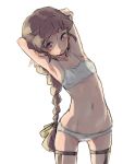  1girl arm_behind_head armpits braid braided_ponytail breasts brown_hair freckles garter_straps green_ribbon groin hair_ribbon isuzu_(log_horizon) leaning_to_the_side log_horizon long_hair mo_(deciliter) navel open_mouth pink_eyes ribbon simple_background single_braid sketch small_breasts solo standing thigh_strap underwear underwear_only very_long_hair white_background 