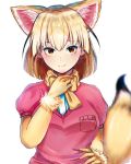  1girl animal_ears blonde_hair bow bowtie breast_pocket extra_ears fennec_(kemono_friends) fox_ears fox_tail fur_trim gloves kemono_friends looking_at_viewer pink_sweater pocket short_sleeves simple_background solo sweater tail toptea upper_body white_background yellow_gloves yellow_neckwear 