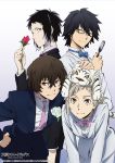  2016 4boys absurdres akutagawa_ryuunosuke animal animal_on_head bangs black-framed_eyewear black_hair black_jacket black_pants blue_jacket blue_neckwear brown_eyes brown_hair bungou_stray_dogs closed_eyes collared_shirt dazai_osamu_(bungou_stray_dogs) dress_shirt edogawa_ranpo_(bungou_to_alchemist) flower glasses gradient_hair hand_on_hip highres holding holding_flower jacket leaning_forward looking_at_viewer male_focus multicolored_hair multiple_boys nakajima_atsushi_(bungou_stray_dogs) on_head pants pink_neckwear purple_neckwear red_flower red_rose rose semi-rimless_eyewear shirt short_hair silver_hair simple_background smile torn_clothes torn_pants two-tone_hair under-rim_eyewear white_background white_flower white_jacket white_pants white_rose white_shirt wing_collar 