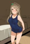  1girl a1 blush brown_hair indoors long_hair looking_at_viewer love_live! love_live!_school_idol_project minami_kotori one-piece_swimsuit one_side_up school_swimsuit solo swimsuit yellow_eyes 