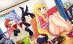  4girls barefoot bat_hair_ornament bedroom blonde_hair bokkusu cardigan chopsticks commentary_request cross_hair_ornament eyebrows_visible_through_hair feet food food_in_mouth gabriel_dropout hair_ornament hair_rings highres instant_ramen jacket kurumizawa_satanichia_mcdowell long_hair messy_hair mouth_hold multiple_girls navy_blue_legwear no_shoes open_mouth plaid plaid_skirt pocky purple_hair redhead room school_uniform shiraha_raphiel_ainsworth short_hair skirt snack soles tenma_gabriel_white track_jacket trash_bag tsukinose_vignette_april x_hair_ornament 