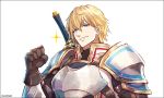  1boy armor artist_name bangs black_border blonde_hair blue_eyes border brown_gloves clenched_hand commentary ex_albio gloves grin hair_between_eyes hand_up kei-suwabe looking_at_viewer male_focus nijisanji shoulder_armor smile solo sparkle sword sword_hilt upper_body virtual_youtuber weapon white_background 
