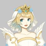  1girl absurdres bare_shoulders blonde_hair blue_eyes blue_hair crown dakkalot dress earrings fire_emblem fire_emblem_heroes fjorm_(fire_emblem_heroes) gradient_hair hair_ornament highres jewelry looking_at_viewer multicolored_hair nintendo open_mouth short_hair simple_background smile solo 