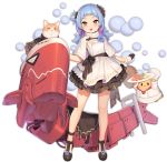  1girl :d alternate_costume animal azur_lane bag bare_legs bird black_flower black_footwear black_gloves black_ribbon blue_hair capelet cat chick dress flower food full_body fur_capelet fur_trim gloves hair_flower hair_ornament hair_rings handbag holding holding_plate layered_dress long_hair looking_at_viewer machinery manjuu_(azur_lane) multicolored_hair official_art open_mouth pink_hair plate red_eyes ribbon sausage shoes smile solo strapless strapless_dress thighs transparent_background tsliuyixin two-tone_hair u-556_(azur_lane) white_capelet white_dress 