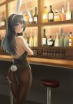  1girl animal_ears ass backless_outfit bang_dream! bangs bar bar_stool black_hair black_legwear black_leotard blush bottle breasts bunny_girl bunny_tail bunnysuit commentary_request cup drinking_glass eyebrows_visible_through_hair fake_animal_ears fake_tail hairband highres indoors kurumi_tsuchi leotard long_hair looking_at_viewer looking_back medium_breasts open_mouth pantyhose rabbit_ears shirokane_rinko sideboob solo standing stool strapless strapless_leotard tail violet_eyes white_hairband wine_bottle wine_glass 