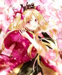  1girl :d asa_(1asa-0-asa1) asymmetrical_sleeves blonde_hair blurry blurry_background bow cape cherry_blossoms diadem earrings ereshkigal_(fate/grand_order) eyebrows_visible_through_hair fate/grand_order fate_(series) floating_hair hair_between_eyes hair_bow highres jewelry long_hair looking_at_viewer open_mouth red_bow red_cape red_eyes smile solo sparkle standing upper_body very_long_hair 