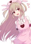  &gt;_&lt; 1girl :d apron armband blush bunny_hair_ornament center_frills commentary fang frills gohei_(aoi_yuugure) hair_ornament hat heart highres leaning_to_the_side light_brown_hair long_hair looking_at_viewer natori_sana nurse_cap open_mouth pink_apron pink_headwear pleated_skirt puffy_short_sleeves puffy_sleeves red_eyes sana_channel shirt short_sleeves sidelocks simple_background skirt smile solo two_side_up very_long_hair virtual_youtuber white_background white_shirt white_skirt 