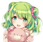  1girl :d bangs bare_shoulders blush commentary double_bun eyebrows_visible_through_hair fingernails green_eyes green_hair hair_between_eyes hair_ornament hair_scrunchie hairclip holding holding_stuffed_animal long_hair morinaka_kazaki nail_polish nijisanji open_mouth pink_nails red_scrunchie scrunchie side_bun simple_background smile solo stuffed_animal stuffed_toy suu_(tuinte) teddy_bear two_side_up upper_body virtual_youtuber white_background 