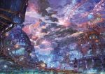  animal backpack bag blurry building city clouds dark depth_of_field fantasy fog from_behind globe lamppost mountain munashichi night night_sky original outdoors scenery short_hair shorts sky solo stairs star_(sky) starry_sky water 