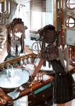  1girl angel_wings asahiro bathroom blinds breasts brown_hair candle capelet commentary dress hat hourglass indoors long_hair mirror muted_color necktie original reflection shower_head sink small_breasts solo sunlight toothbrush twintails underbust water window wings 