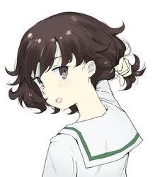  1girl akiyama_yukari bangs blouse brown_eyes brown_hair commentary eyebrows_visible_through_hair from_behind gedou_(ge_ge_gedou) girls_und_panzer hair_grab light_blush long_sleeves looking_at_viewer looking_back messy_hair ooarai_school_uniform open_mouth portrait school_uniform serafuku short_hair simple_background solo white_background white_blouse 