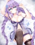  1girl bed bimmy black_legwear blue_eyes blush braid breasts commentary flower from_above hair_flower hair_ornament highres lingerie looking_at_viewer lying medium_breasts neptune_(series) on_back on_bed purple_hair purple_heart smile solo thigh-highs twin_braids underwear 
