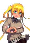  1girl :d absurdres bangs black_shirt blend_s blonde_hair blush bow breasts brown_legwear brown_sweater collared_shirt eyebrows_visible_through_hair green_eyes hair_between_eyes hair_ornament heart heart_hair_ornament highres hinata_kaho large_breasts leonat long_hair long_sleeves looking_at_viewer open_mouth pantyhose plaid plaid_skirt pleated_skirt puffy_long_sleeves puffy_sleeves school_uniform shirt sidelocks simple_background skirt sleeves_past_wrists smile solo sparkling_eyes striped striped_bow sweater tan twintails very_long_hair white_background white_bow white_skirt 