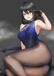  1girl arm_support bangs bare_shoulders black_eyes black_gloves black_hair blue_dress blush breasts brown_legwear china_dress chinese_clothes commentary_request dress gloves hair_between_eyes half_gloves hand_up hayabusa highres long_hair looking_at_viewer mole mole_under_eye original pantyhose sidelocks signature sitting solo tearing_up very_long_hair 