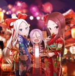  3girls :d ^_^ aerial_fireworks bangs blue_eyes blue_kimono blurry blurry_background blush bow braid brown_eyes brown_hair brown_pants closed_eyes closed_mouth commentary_request covered_mouth creator_connection crossover depth_of_field double_v eyebrows_visible_through_hair fireworks floral_print food forehead fudatsuki_kyouko fudatsuki_no_kyouko-chan hair_between_eyes hair_bow hands_up head_tilt high_ponytail highres holding holding_food japanese_clothes karakai_jouzu_no_takagi-san kimono korean_commentary lantern long_hair long_sleeves low_twintails multiple_crossover multiple_girls night night_sky note2000 open_clothes open_mouth outdoors pants paper_lantern parted_bangs ponytail print_kimono purple_hair red_bow red_kimono shirt shougi_no_yatsu sky smile summer_festival takagi-san twin_braids twintails v very_long_hair white_hair white_shirt wide_sleeves yaotome_urushi 