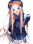  1girl :d abigail_williams_(fate/grand_order) bangs black_bow black_dress black_headwear blonde_hair bloomers blue_eyes blush bow bug butterfly commentary_request cowboy_shot dress eyebrows_visible_through_hair fate/grand_order fate_(series) forehead hair_bow hand_up hat head_tilt highres insect long_hair long_sleeves looking_at_viewer open_mouth orange_bow parted_bangs polka_dot polka_dot_bow simple_background sleeves_past_fingers sleeves_past_wrists smile solo suisen-21 underwear very_long_hair white_background white_bloomers 