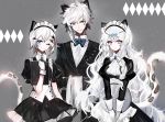  1boy 2girls ;) animal_ear_fluff animal_ears apron arknights bangs black_dress black_jacket blue_eyes blue_neckwear blush bow bowtie brown_eyes butler cliffheart_(arknights) closed_mouth collared_shirt dress eyebrows_visible_through_hair frilled_dress frills gloves grey_background hair_between_eyes highres holding holding_tray jacket juliet_sleeves long_hair long_sleeves maid maid_headdress menu moemoe3345 multiple_girls one_eye_closed pramanix_(arknights) puffy_sleeves shirt silverash_(arknights) smile tail tail_raised tray v-shaped_eyebrows very_long_hair waist_apron white_apron white_gloves white_hair white_shirt 