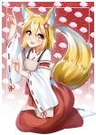  1girl absurdres animal_ears blonde_hair blush eyebrows_visible_through_hair fang flower fox_ears fox_shadow_puppet fox_tail hair_between_eyes hair_flower hair_ornament highres japanese_clothes katou_shinobu looking_at_viewer miko open_mouth ribbon_trim senko_(sewayaki_kitsune_no_senko-san) sewayaki_kitsune_no_senko-san smile solo tail 