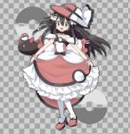  1girl alternate_costume back_bow bangs bare_shoulders black_choker black_hair bow bracelet braid checkered checkered_background choker collarbone commentary dress earrings flat_chest frilled_dress frills full_body gen_7_pokemon grey_background grey_eyes hair_between_eyes hair_bow hair_ornament happy hat high_heels jewelry jpeg_artifacts long_hair looking_at_viewer namako_plum off_shoulder official_style open_mouth pantyhose pink_eyes plum_(plum_no_bouken_note) plum_no_bouken_note poke_ball poke_ball_(generic) poke_ball_symbol pokemon pokemon_(creature) pyukumuku red_dress red_footwear red_headwear shoes simple_background smile solo_focus standing sun_hat tied_hair twin_braids two-tone_background virtual_youtuber white_legwear 