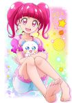 1girl :d bangs barefoot blunt_bangs collarbone eyebrows_visible_through_hair feet full_body fuwa_(precure) hanzou highres hoshina_hikaru long_hair looking_at_viewer open_mouth pink_eyes pink_hair pink_shirt precure shiny shiny_hair shirt short_shorts short_sleeves shorts sitting smile soles solo star star_twinkle_precure toes white_background white_shorts 
